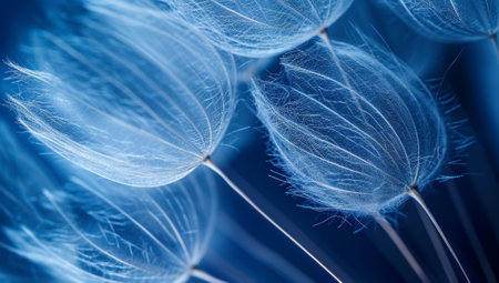 Close-up of dandelion seeds on a blue background.の素材