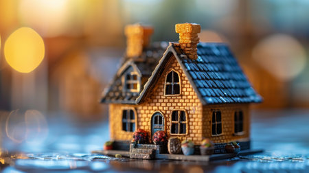 Miniature toy house on the table with bokeh background.の素材