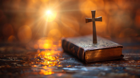Christian cross on old holy Bible with bokeh lightsの素材