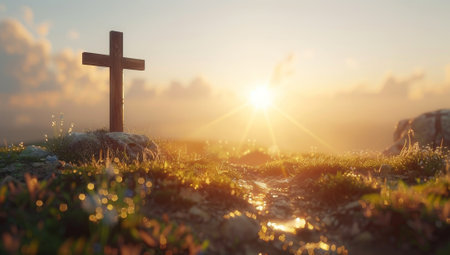 Cross on the background of the sun at sunset.の素材