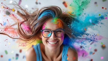 Portrait of happy young woman with colorful paint splashes on her faceの素材