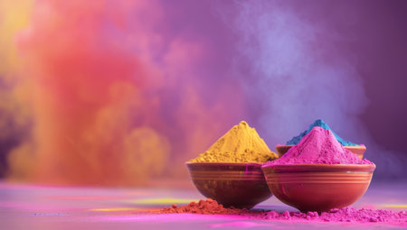 Colorful holi powder in clay bowl on purple background with copy spaceの素材