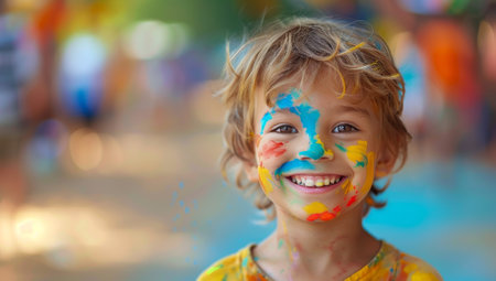 Colorful Holi Festival: Joyful Boy with Painted Faceの素材