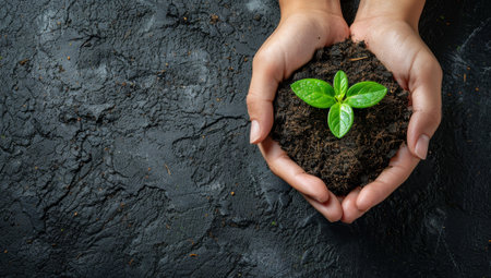 Female hands holding green plant with soil on black background with copy spaceの素材