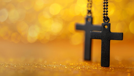 Black Christian cross on golden bokeh background with copy space.の素材