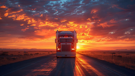 Truck driving on highway towards fiery sunset horizon. Freight transportation journey across vast landscape.の素材