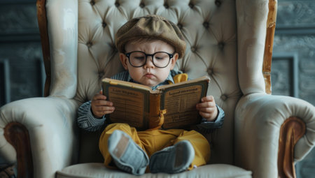Curious young boy reading vintage book while sitting on cozy armchair. Concept of childhood imagination, education, and intellectual developmentの素材
