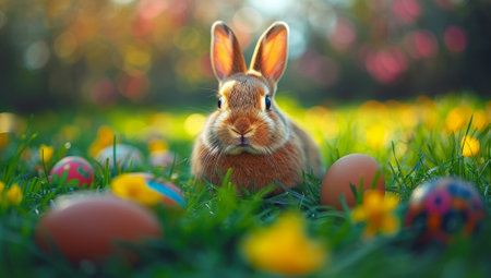 Easter bunny rabbit surrounded by colorful eggs in blooming meadow. Spring holiday celebration with cute furry animal in vibrant flower field.の素材