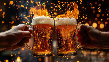 Close-up of two male hands clinking glasses with beer.の素材