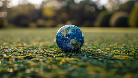 Earth globe on grassy field, environmental conservation and sustainability concept. Protecting our fragile planet from climate change and pollutionの素材