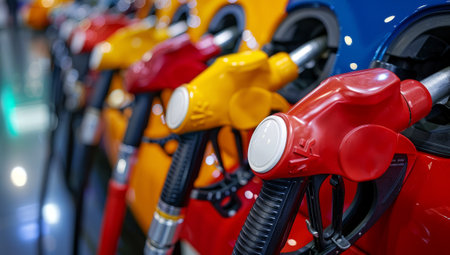 Row of various colored gas pump nozzles in a gas station. Concept of transportation, fuel, energy, and the environment.の素材