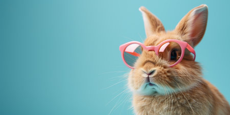 Cute red rabbit wearing pink heart shaped sunglasses on blue background.の素材