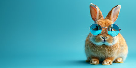 Cute Easter bunny wearing sunglasses on blue background with copy space.の素材