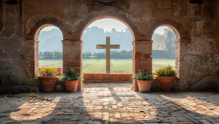 Stone archway with cross in distanceの素材
