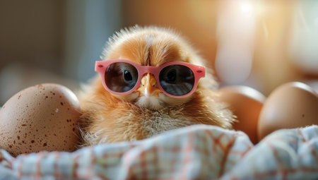 A baby chicken wearing sunglasses is sitting in a basket of eggs.の素材
