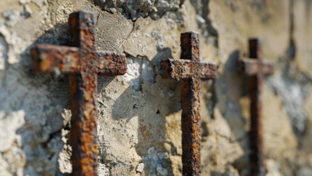 Three Rusty Metal Crosses on Weathered Concrete Wallの素材
