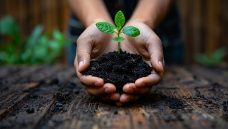 Hands holding young plant with soil on wooden background, Earth day conceptの素材
