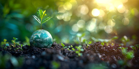 Green sprout growing from seed with earth globe. Environment conservation concept.の素材