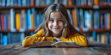 Joyful young girl with a cheerful smile studying in a library, resting on an open book. Concept of early education, love for reading, and academic success.の素材