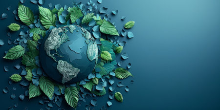 Earth Day concept with green leaves and water droplets surrounding planet Earth. Environmental conservation and eco friendly lifestyle awareness.の素材