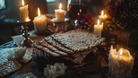 Traditional Jewish Passover table setting with matzah bread, candles and wine symbolizing holiday rituals and customs. Concept of religious feast, cultural celebration, and observance of Pesach.の素材