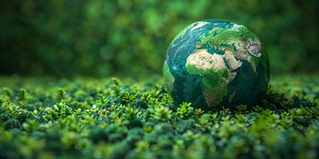 Green earth globe on lush green grass background. Environmental conservation concept.の素材