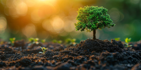 Vibrant tree seedling sprouting from fertile soil, symbolizing growth and environmental renewal. Conceptual nature scene of new life emerging from the earth.の素材