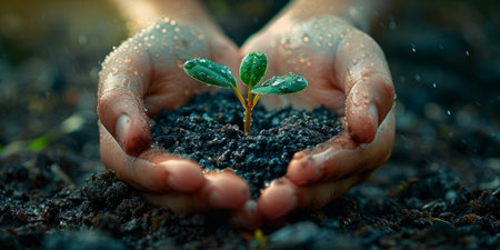 Human hands holding a small green seedling growing in soil. Ecology conceptの素材