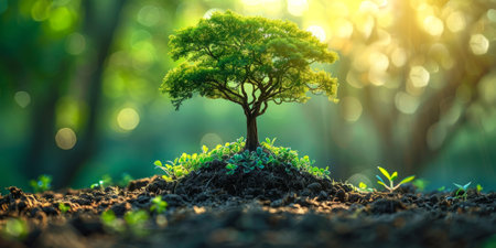 Vibrant nature scene with miniature tree growing on forest floor. Concept of environmental conservation, sustainable growth, and ecological balance.の素材