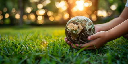 Close up of childs hands holding a globe in a field of green grass with a sunset in the background. The concept of protecting the environment and the future of the planet.の素材