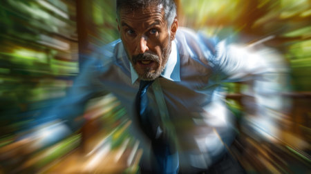 Intense businessman running in blurred motion, depicting urgency and fast paced life. Concept of stress, deadlines, and corporate pressure.の素材