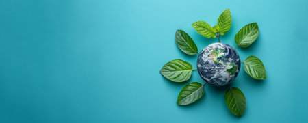 Earth planet surrounded by green leaves on blue background. Environmental conservation and sustainability concept.の素材