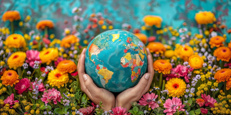 Close up image of hands holding a globe with flowers in the background. The concept of a green and sustainable planet.の素材