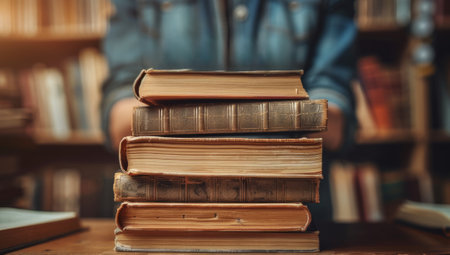 Stack of old vintage books on table in library. Concept of knowledge, education, and literature.の素材