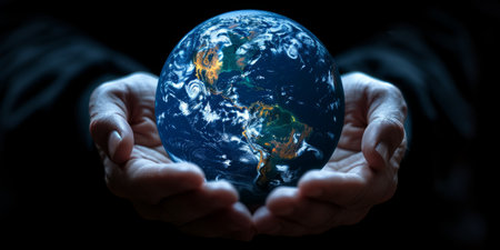 Hands holding planet Earth globe, environmental conservation concept. Protecting our world, global awareness, and sustainability.の素材