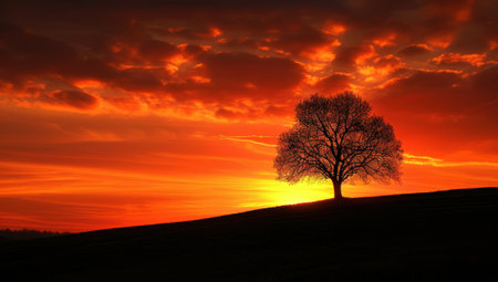 Silhouette of a lonely tree at sunset on a hill.の素材
