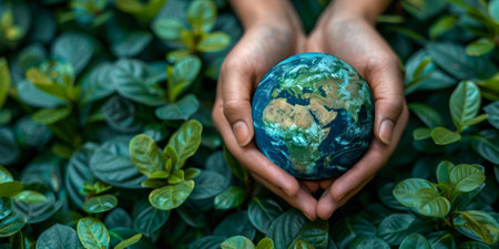 Close up of a hand holding a globe in front of a lush green background. The concept of protecting the environment and the planet Earth.の素材