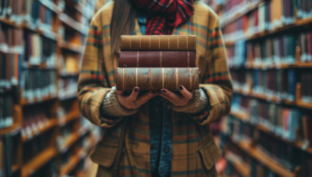 Student holding stack of books in library aisle. Concept of education, knowledge, and literature.の素材