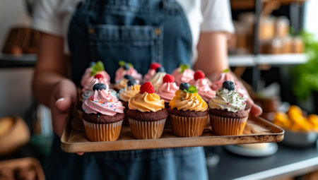 Woman holding tray of delicious cupcakes with fresh berries and whipped cream. Sweet bakery treats, homemade pastries and desserts.の素材