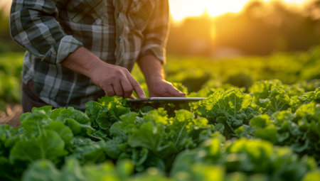 Farmer inspecting organic lettuce crop at sunset. Hands of agricultural worker examining fresh green leafy vegetables in field. Concept of sustainable farming, harvest season, and healthy nutrition.の素材