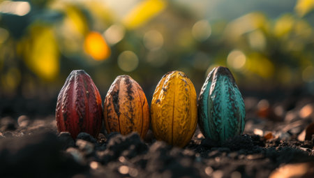 Colorful cocoa pods on the ground with bokeh background. Cacao fruit diversity and harvest concept.の素材