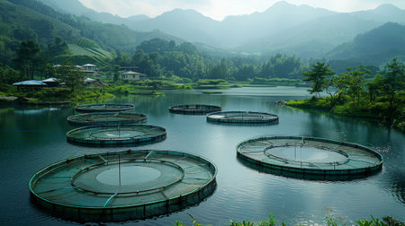 Serene Morning Over Fish Farm on Lake with Mountain Landscapeの素材