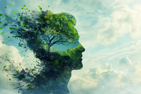 Mans Head Dissolving into Nature with Tree, Clouds, and Sky. Concept of Environmental Awareness, Sustainability, and Connection to Natureの素材