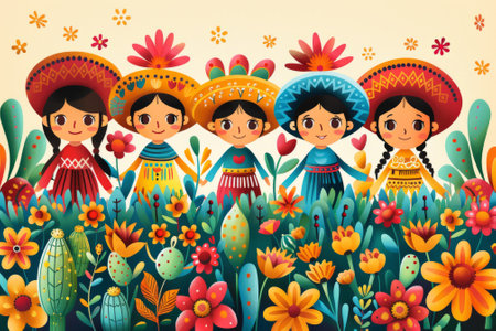 Mexican Girls Holding Hands in Traditional Dresses with Flowers and Cactiの素材