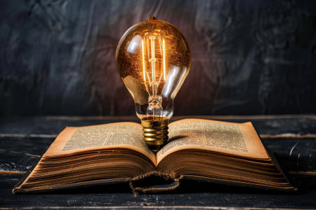 Light bulb on an old book on a dark background. The concept of education and knowledge.の素材