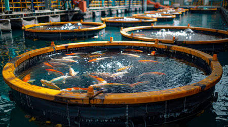 Koi Fish Swimming in Tanks at an Aquaculture Farmの素材