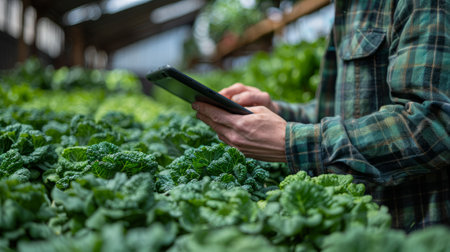 Farmer using digital tablet in kale field, monitoring crop growth through agricultural technology. Concept of modern sustainable farming, data analysis and smart agricultureの素材