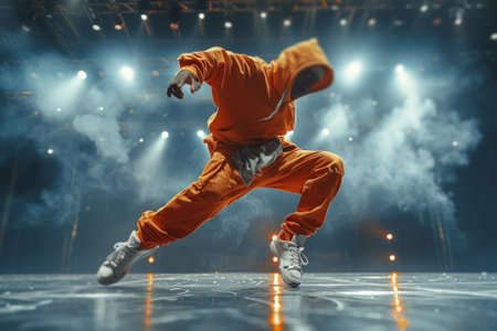 Breakdancer in orange hoodie and sweatpants doing hip hop moves on stage with smoke and spotlights in backgroundの素材