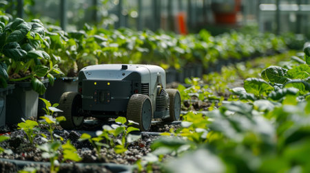 Greenhouse robot tending to plants using artificial intelligence and automation for agricultural innovationの素材