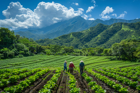 Taiwanese Farmers Cultivate Cabbage in Traditional Farm with Mountain Viewの素材